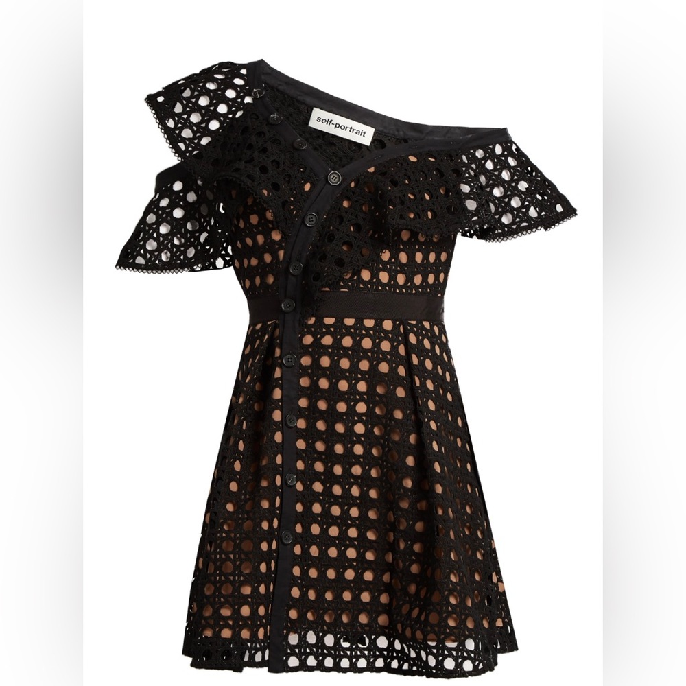 Self Portrait – ONE-SHOULDER GUIPURE-LACE MINI DRESS – BLACK